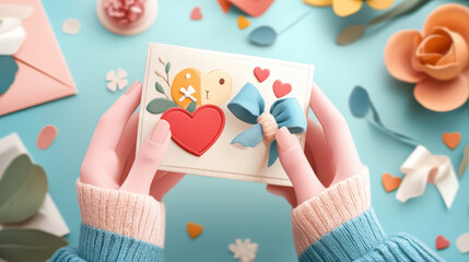 person holding handmade card with heart, bow, and floral decorations, surrounded by colorful paper crafts and flowers, evoking warm and sentimental atmosphere