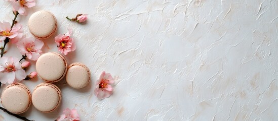 Gourmet beige French macarons elegantly arranged with pink flowers on a textured white backdrop ideal for dessert advertising and promotions