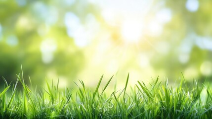 Soft green grass under sunlight creating a serene blurred nature background for relaxation and tranquility themes