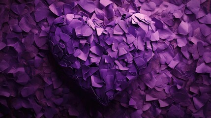 Fototapeta premium Vibrant violet heart crafted from textured paper strips against a rich purple background showcasing creativity and artistic composition