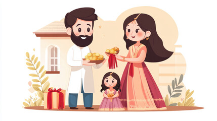 family joyfully exchanges symbolic gifts, including red tassels and gold coins, in festive setting with traditional attire and warm atmosphere