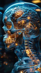 A captivating visualization of a transparent skull and digital neural pathways, showcasing the intricate connections and innovative concepts in human brain technology