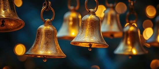 Obraz premium Golden bells with soft bokeh background creating a festive and warm atmosphere for holiday or celebration themes