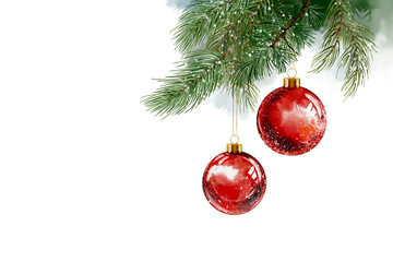 red christmas ball on a branch snow frame decoration Hand drawn illustration on a transparent background © 7nov.studio