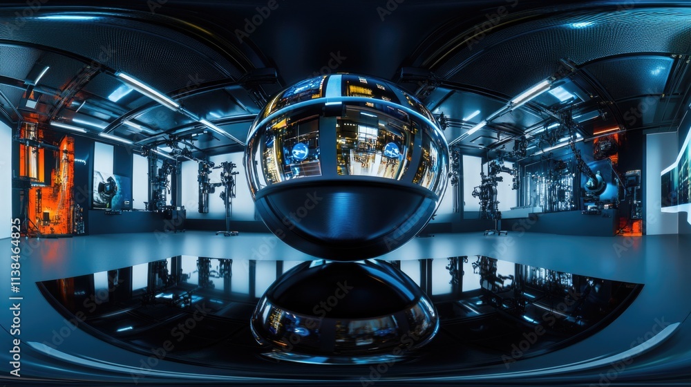 Poster A close-up shot of a large shiny sphere sitting on a table, perfect for use in scenes about technology, innovation, or futuristic settings