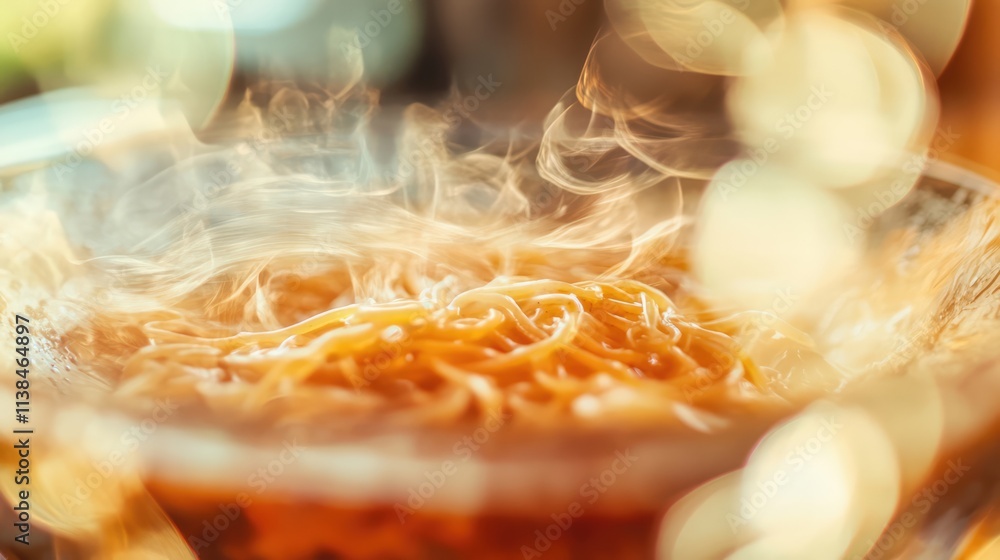 Poster steaming plate of spaghetti with blurred background creating a warm and inviting atmosphere for ital