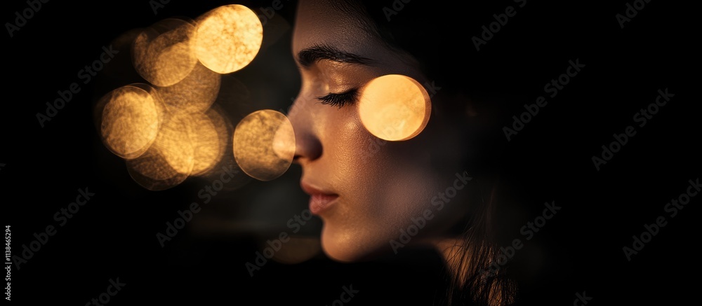 Poster elegant profile silhouette with blurred bokeh lights creating a dreamy atmosphere on a dark backgrou