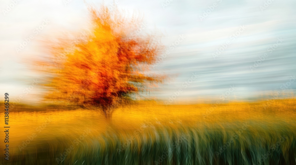 Poster vibrant blurred autumn tree in golden fields creating a beautiful abstract landscape scene with warm