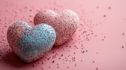Obraz premium Heart-shaped cakes with colorful sprinkles on a bright pink background, perfect for Valentine's Day or birthday celebrations