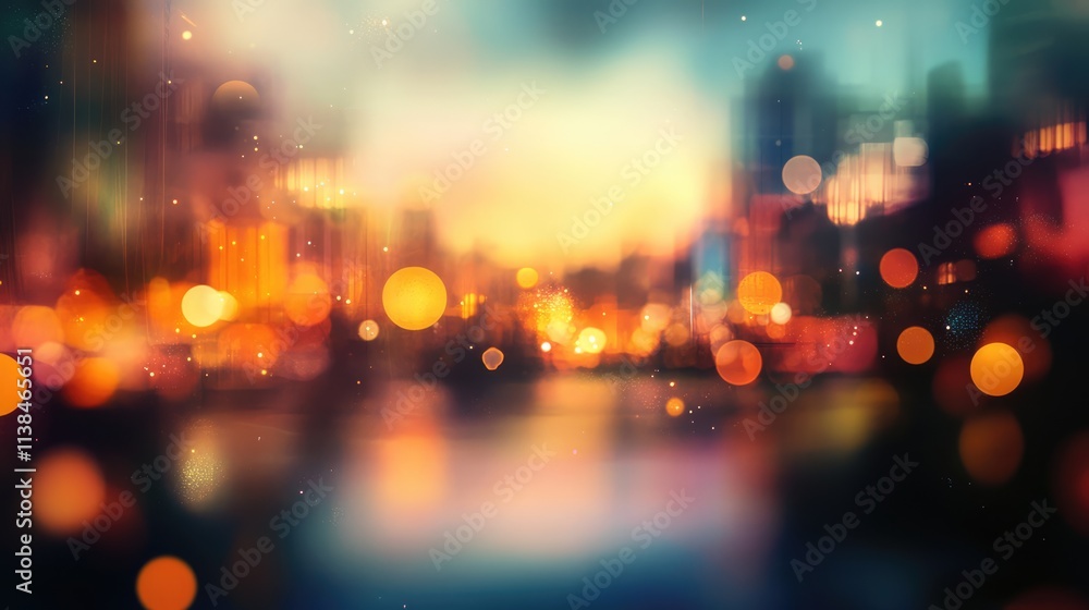 Poster bokeh effect of a vibrant city cafe ambiance with blurred lights creating a warm and inviting atmosp