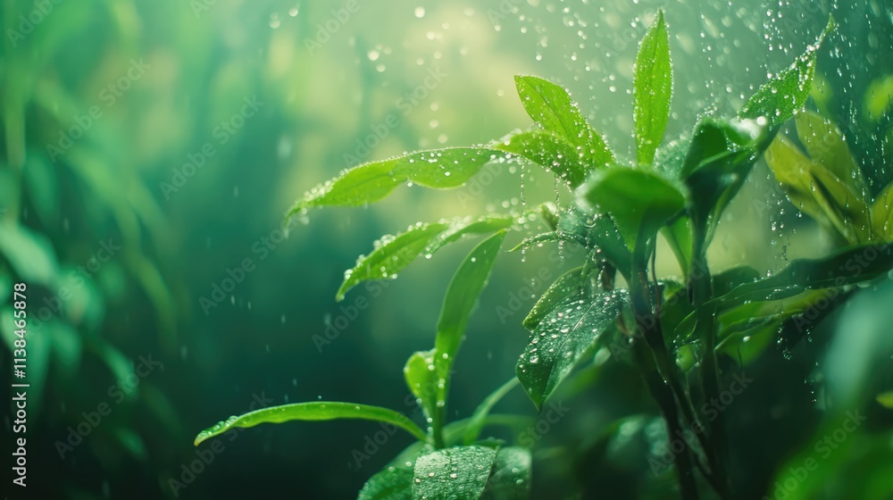 Poster blurry green foliage behind a wet window with raindrops creating a serene nature ambiance and soft l