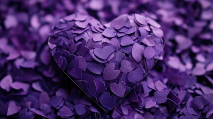 Vibrant purple heart shape made of layered paper petals surrounded by a sea of smaller violet heart confetti on a textured background