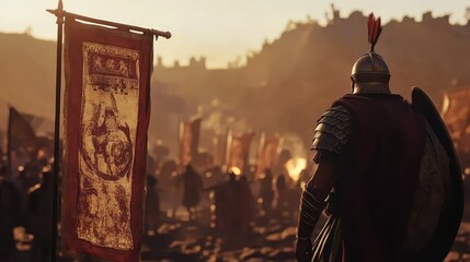 A Courageous Ancient Warrior Overlooks a Detailed Battle Scene at Sunset with Banners and Soldiers in the Background, Capturing the Essence of Epic Warfare in Historical Times