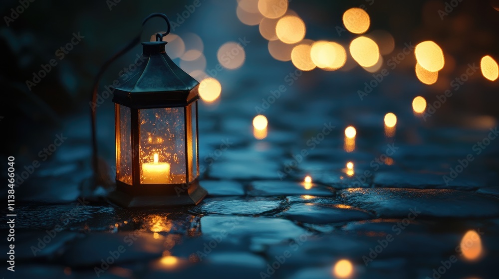 Poster serene candlelit path with a lantern illuminating stones and soft bokeh lights creating a tranquil o