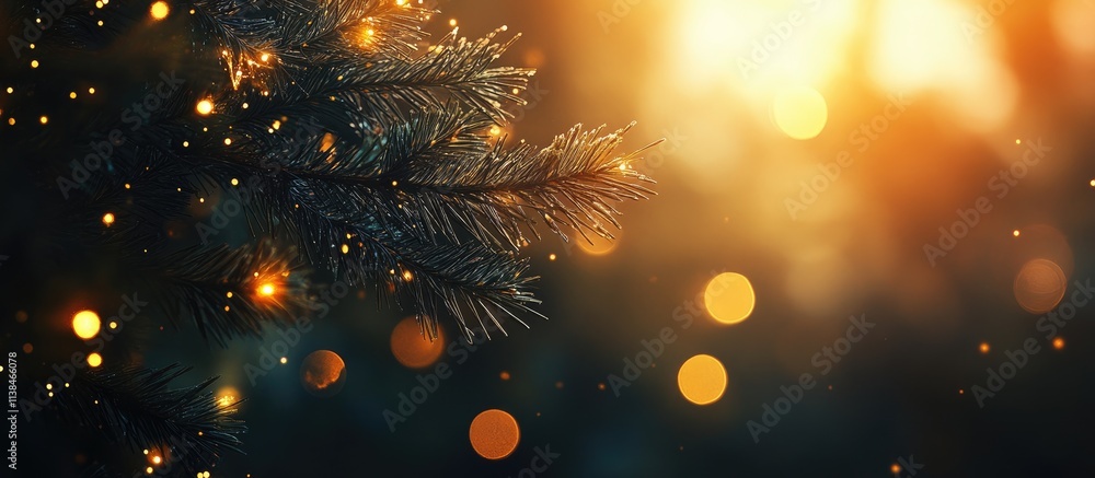 Poster golden bokeh lights with a warm glow illuminating dark foliage creating a festive and serene backdro
