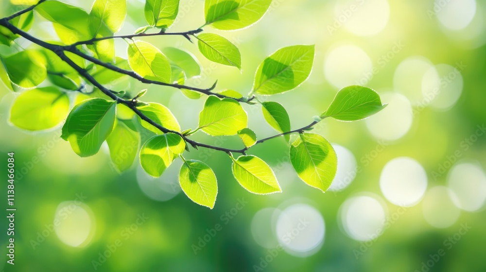 Poster abstract blurred tree branch with fresh green leaves creating a serene natural background of bokeh a