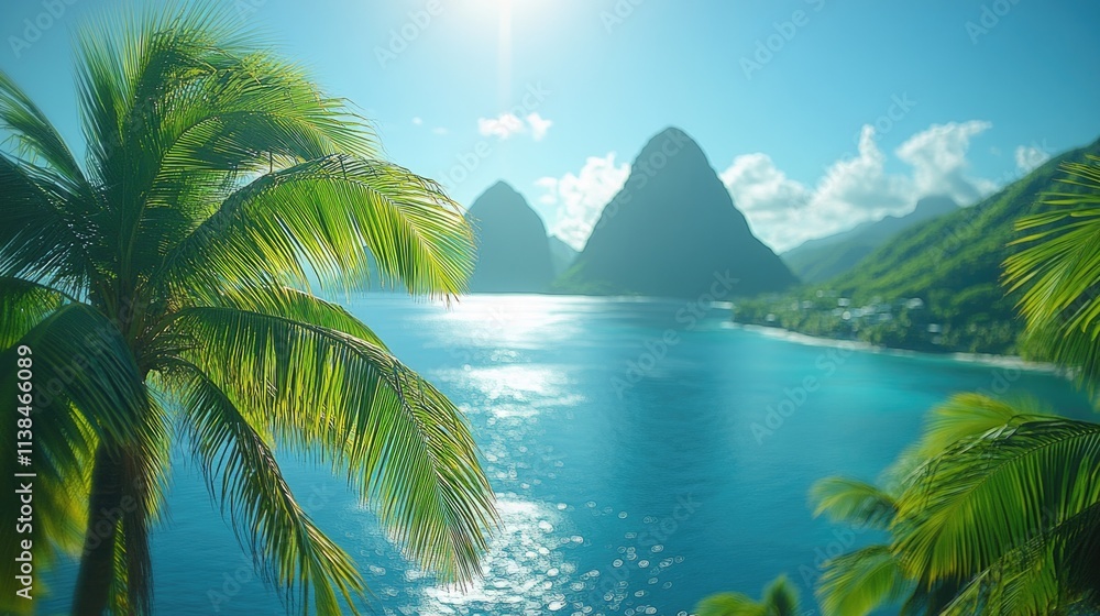 Poster a serene mountain lake scene with calm waters and surrounding mountains