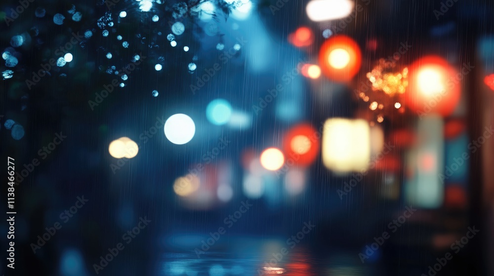 Poster vibrant night market atmosphere with rain and blurred lights creating an enchanting bokeh effect in 
