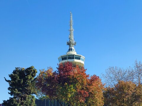Photo of the iconic telecommunications tower in Thessaloniki, Greece. The tower host events and features a revolving restaurant on its top floor with great panoramic views of the city.