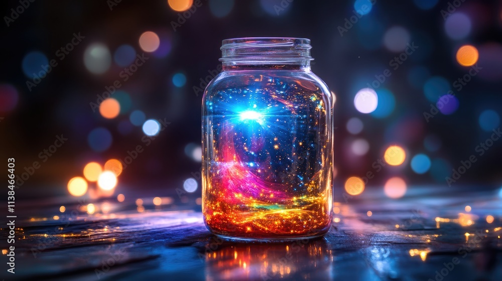 Poster colorful bokeh lighting effects in a glass jar creating a magical background atmosphere for various 