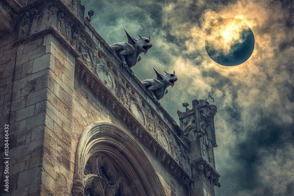 Poster a large building with a clock tower under a full moon night