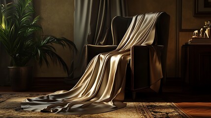 Elegant silk evening gown draped over a luxurious velvet chair in a dimly lit room soft textures and deep shadows