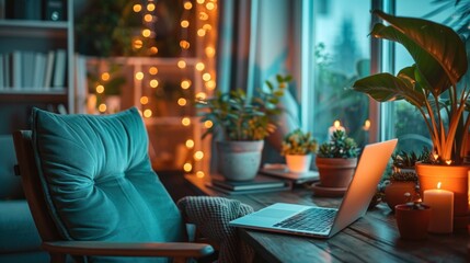 Cozy home office with laptop, plants, and warm lighting.
