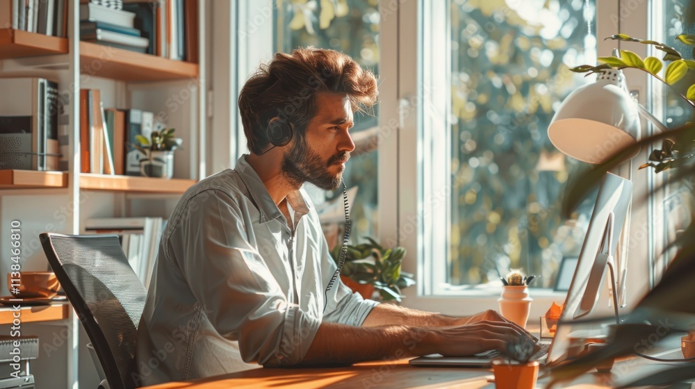 Aufkleber man working from home at desk, using computer and headphones.