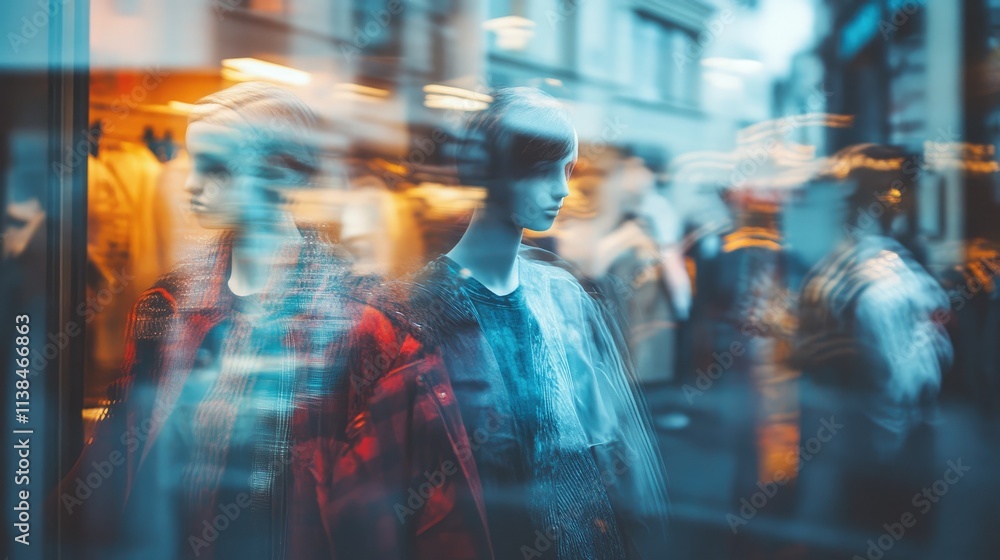 Poster blurred view of mannequins in shop window displays with reflections and urban background creating an