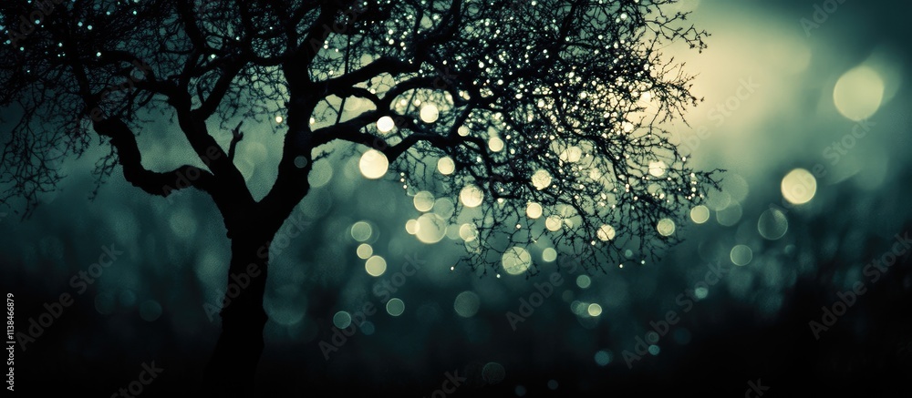 Poster bokeh illuminated tree silhouette with decorative lights against a dark outdoor backdrop creating a 