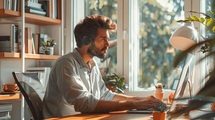 Obraz premium Man working from home at desk, using computer and headphones.