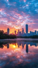 Breathtaking Cityscape at Dawn Showcasing Reflective Water and Vibrant Skies Over Urban Skyline with Majestic Clouds and Glassy Surface in City Park