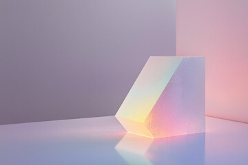 Prisme en verre translucide aux reflets arc-en-ciel sur fond pastel