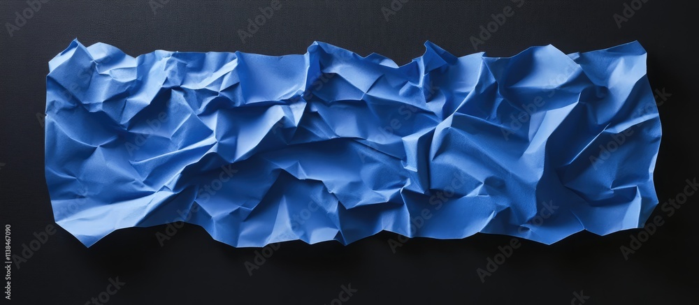 Poster crumbled blue paper on a textured black background creating a striking contrast and visual interest 