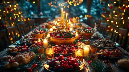 Festive Christmas dinner table with candles, food, and decorations.