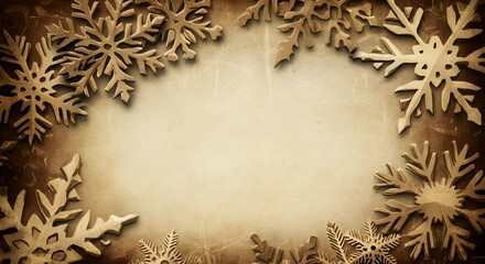 Antique parchment textured background with a golden snowflake frame, ideal for Christmas or winter design