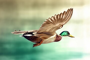 A vibrant mallard duck in mid-flight with its wings spread wide, captured against a soft green and beige blurred background, emphasizing grace and movement