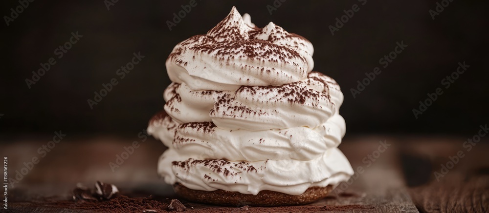 Poster elegant white meringue cake dusted with cocoa showcasing intricate layers on a rustic wooden table w