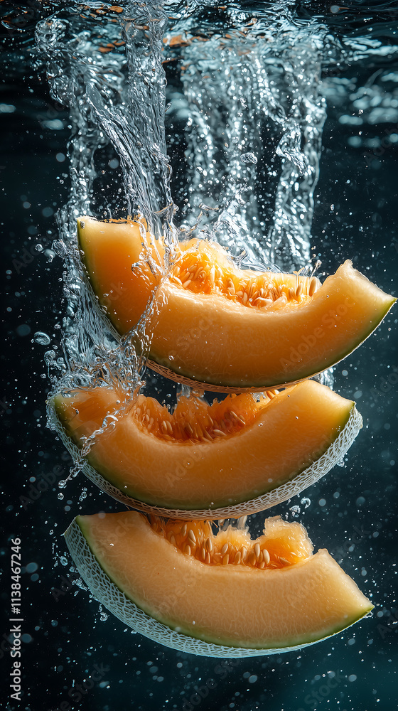 Poster fresh cantaloupe slices splashing underwater with clear motion and dynamic bubbles