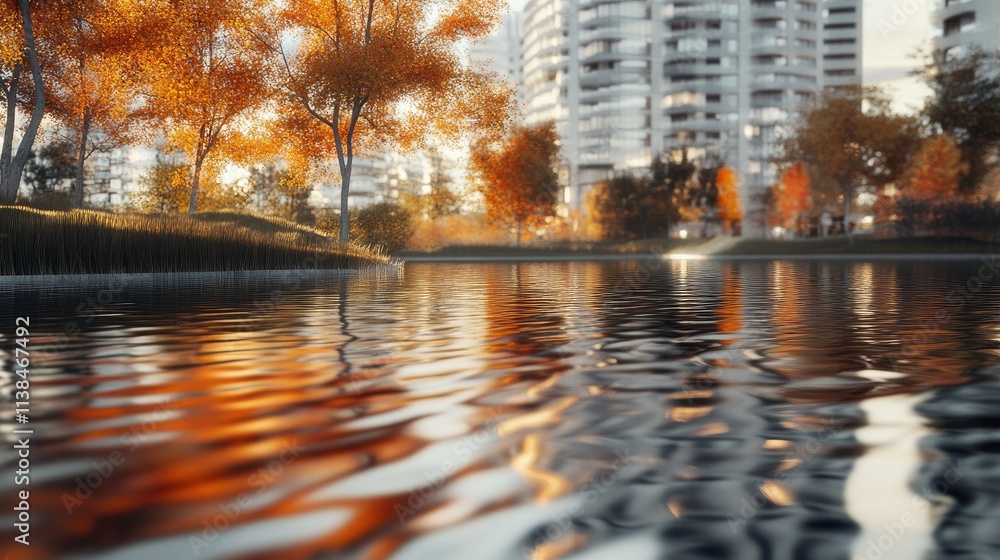 Poster autumn water reflections with vibrant trees and rippling waves in an urban park setting creating an 