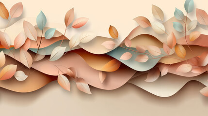 Artistic layered leaves in soft latte shades with flowing curves and pastel tones create serene and elegant abstract composition
