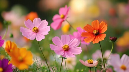 Colorful spring flowers blooming in a garden with a soft blurred background creating a peaceful and vibrant atmosphere