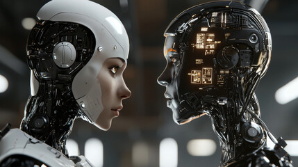 Two Futuristic Robots Facing Each Other in a High-Tech Setting