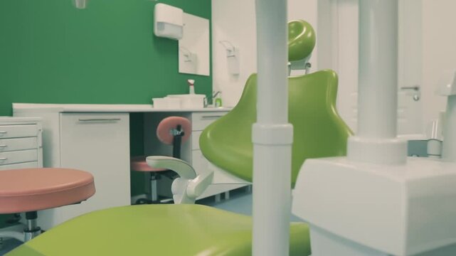 New dental chair in the dental office. Dental clinic interior design with chair and tools medical equipment. DS Dentist's office
