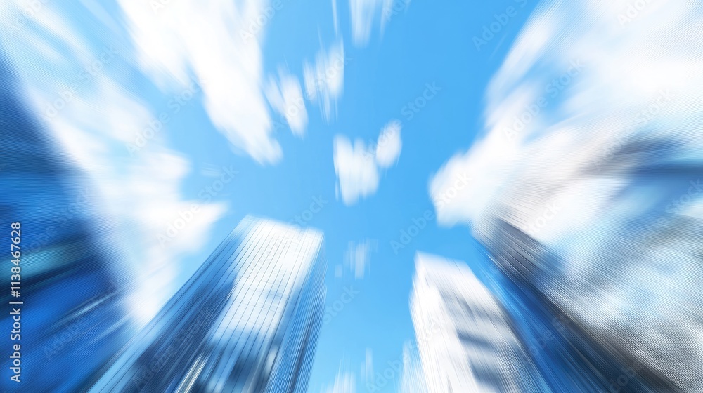Poster dynamic blur of clouds against a vibrant blue sky showcasing urban architecture with an abstract tou