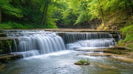 Obraz premium Serene cascading waterfall in lush green forest with smooth river flow and rocky shoreline on a tranquil mountain slope