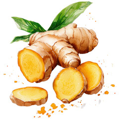 Fresh Ginger Root with Slices and Leaves Beautifully Illustrated in Watercolor Style