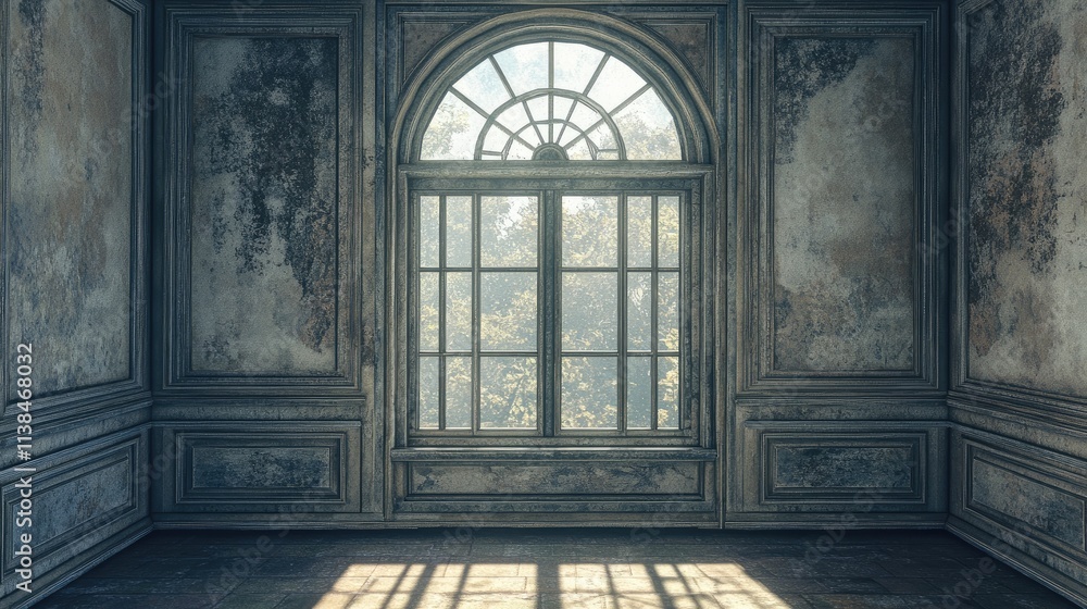 Poster elegant vintage window showcasing intricate architecture in a historic building illuminated by soft 