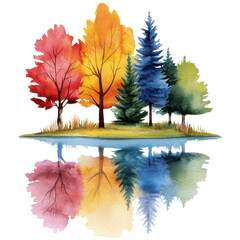 Obraz premium Vibrant Autumn Landscape with Colorful Trees and Serene Lake Reflections in a Watercolor Style