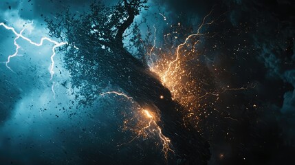 Dynamic Energetic Tree with Striking Lightning and Explosive Visual Effects in a Dramatic Dark Sky, Symbolizing Nature's Power and Instability
